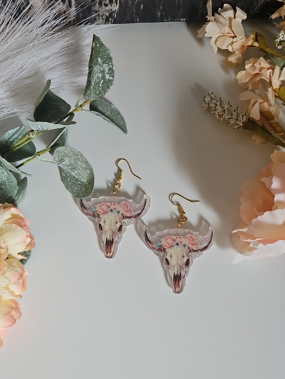 Bull Skull Floral Dangle Earrings — Pink & Cream